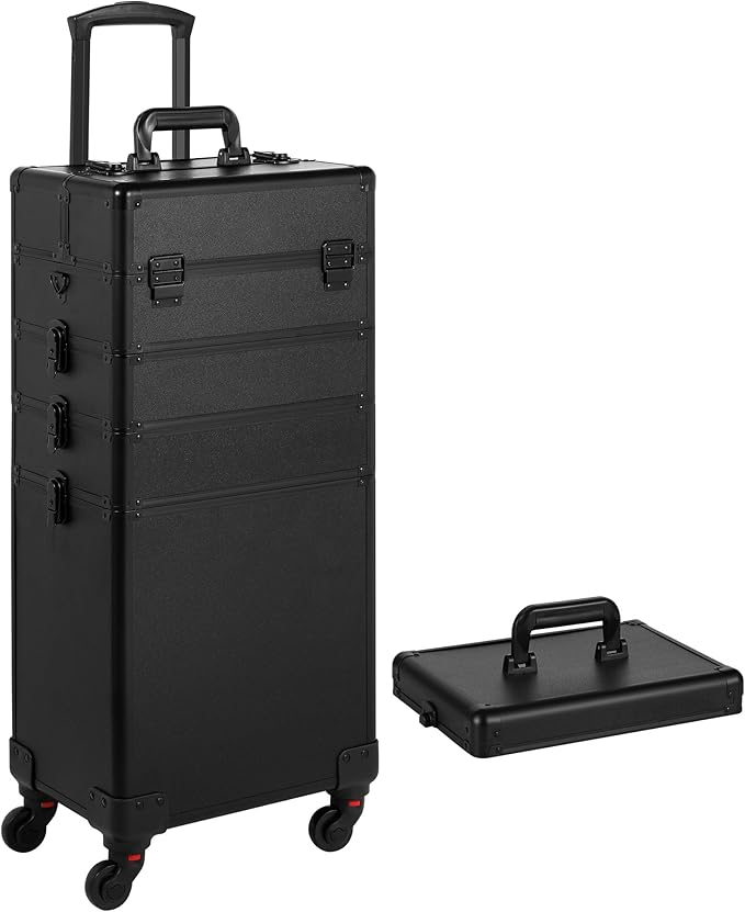 Rolling Makeup Case, Makeup Train Case with Lid, 5 in 1 Cosmetology Case on Wheels, Christmas Gift, Large Makeup Organizers, Profesional Cosmetic Case for Salon Barber, Black