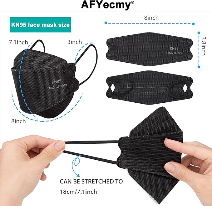 KN95 Face Masks Black 50 Pack for Adults, Breathable Disposable with Elastic Ear Loops