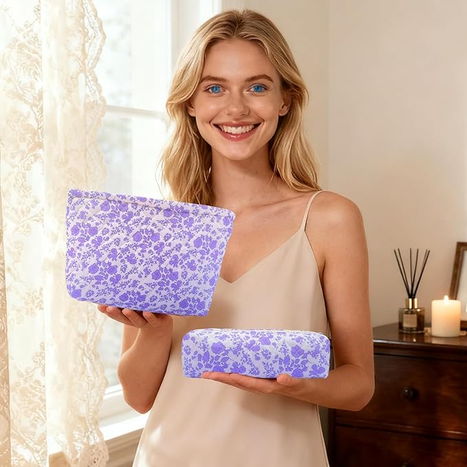 3 Piece Purple Quilted Floral Makeup Bag Set Small Cosmetic Bag For Women Cute Cotton Makeup Pouch For Purse