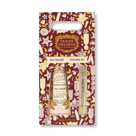 Panier des Sens – Christmas Gift Set for Women – Rose Geranium Duo – Mini Hand Cream & Roll-On Eau de Toilette – Elegant Christmas Gift - Christmas Present for Her – Made in France 1fl oz+0.3fl oz