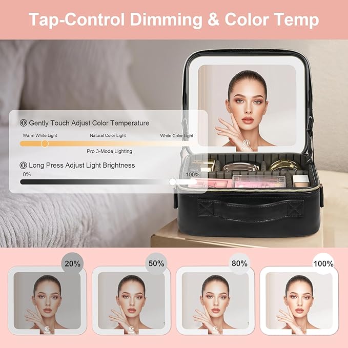 BEAUTY CASE Makeup Bag with Led Mirror, 10 Inch Portable Travel Cosmetic Organizer Case with Adjustable Dividers, USB Charging, Large Capacity, Ideal for Travel, Gift for Women Girls, Black