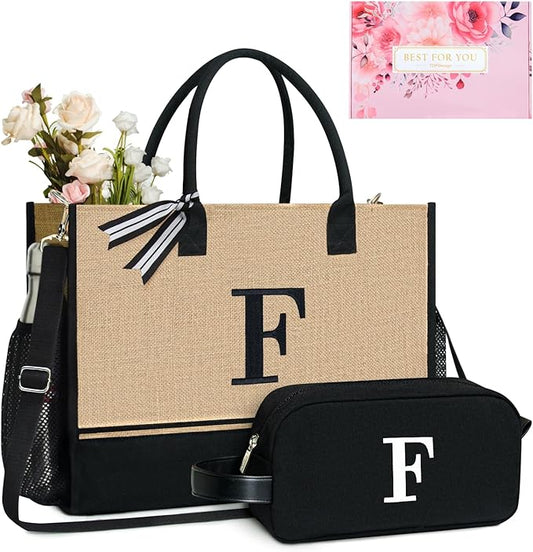 TOPDesign Personalized Initial Canvas Tote Bag, for Wedding, Birthday, Beach, Perfect Gifts for Women, Mom, Teachers, Friends