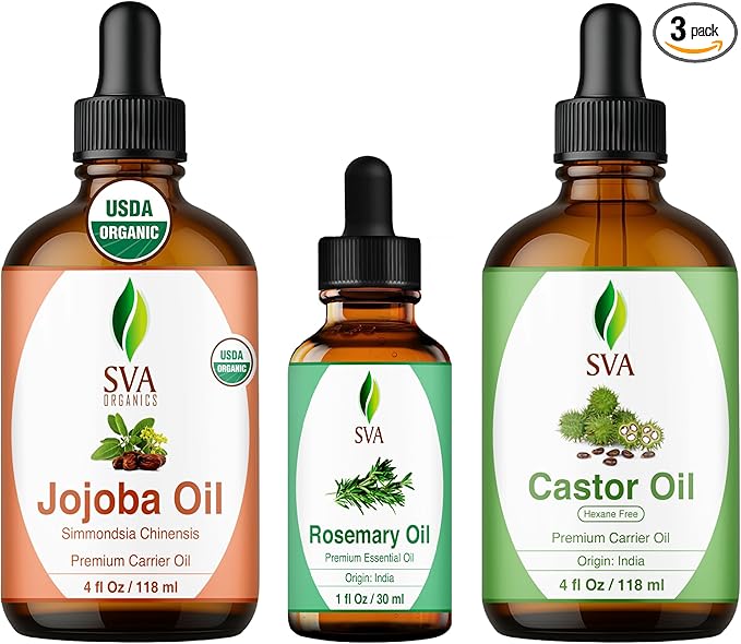 SVA Rosemary Essential Oil 1oz, Castor Oil 4oz, and Jojoba Oil 4oz Bundle Super Saver Combo – Premium Grade Value Set for Hair Oiling, Scalp Massage, Hair Care, Face, Skin Care, and Body Massage