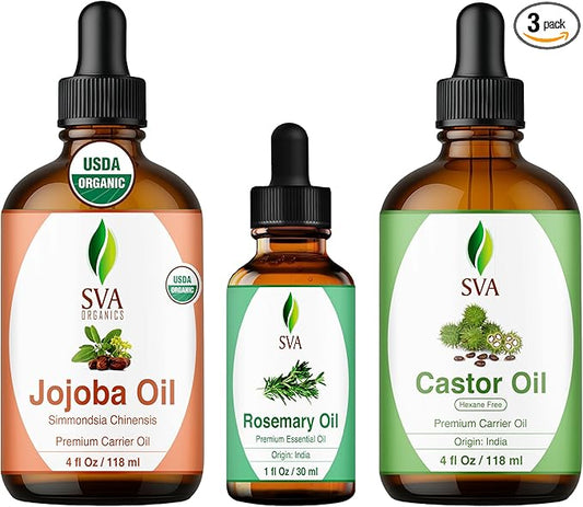 SVA Rosemary Essential Oil 1oz, Castor Oil 4oz, and Jojoba Oil 4oz Bundle Super Saver Combo – Premium Grade Value Set for Hair Oiling, Scalp Massage, Hair Care, Face, Skin Care, and Body Massage