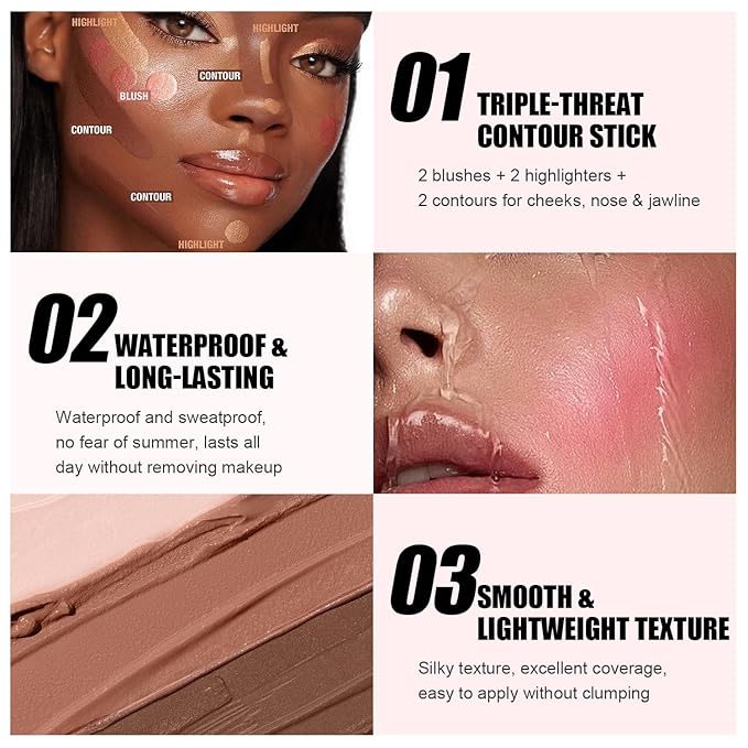 6 Colors Cream Contour Stick Makeup Kit, Shades with Blush, Highlighter and Bronzer,Double Ended Contour Stick for Cheeks, Waterproof and Long Lasting, Matte and Dewy Finish (Set B)