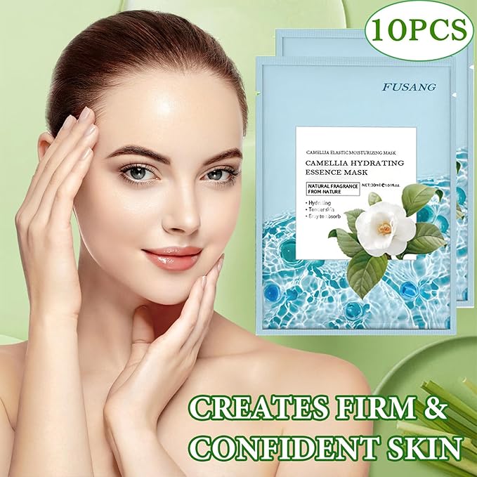 Camellia Soothing Face Mask Hydrating,Moisturizing Long Lasting Facial Sheet Mask for All Skin Types,Soft Camellia Masks for Dry Skin,Pack of 10