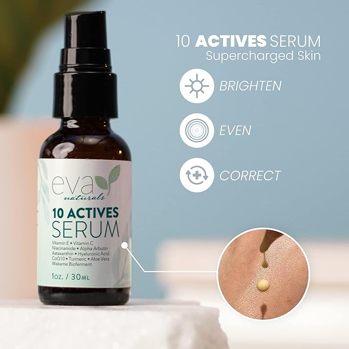 Eva Naturals 10 Actives Serum – Vitamin C, Niacinamide, Hyaluronic Acid, Turmeric, CoQ10 – Natural Anti Aging Face Serum for Dark Spots, Wrinkles, Acne, Skin Care & Facial Spot Remover