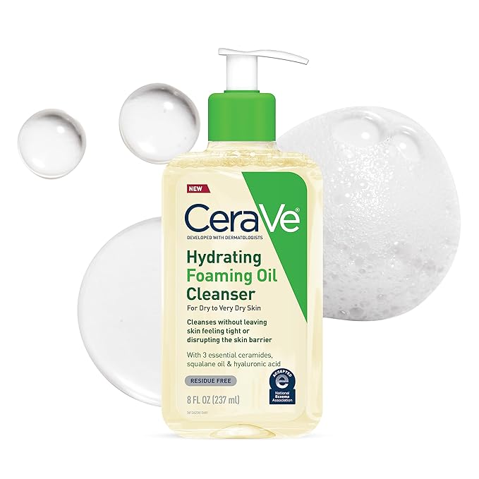 CeraVe Hydrating Foaming Oil Cleanser, Moisturizing Cleanser for Face & Body, Squalane Oil + Hyaluronic Acid + Ceramides, For Dry to Very Dry Skin, Fragrance Free & Residue Free, 8 FL Oz