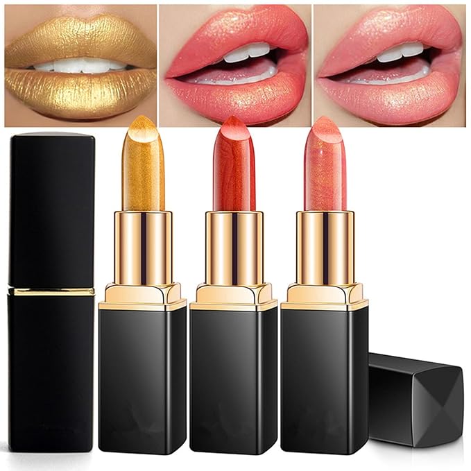 3Pcs Metallic Glitter Lipstick Set, Gold Rose Nude Pink Glitter Pearl Mermaid Shimmer Lipstick Sets for Women Waterproof Long Lasting 24 Hours Lip Stick Makeup Christmas Gift Sets-01#02#03#