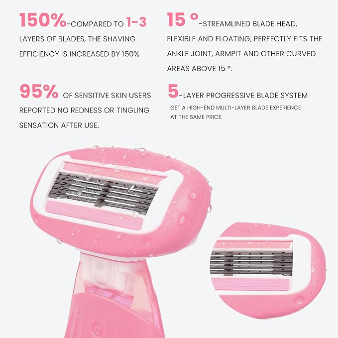 Women Razors moisturizing bar for Sensitive Skin, Travel Razors Shaving Kit Essential - 5-Blade for Sensitive Skin - Bikini, Legs, Underarms - 1 Handle & 3 Refill Cartridges - Pink