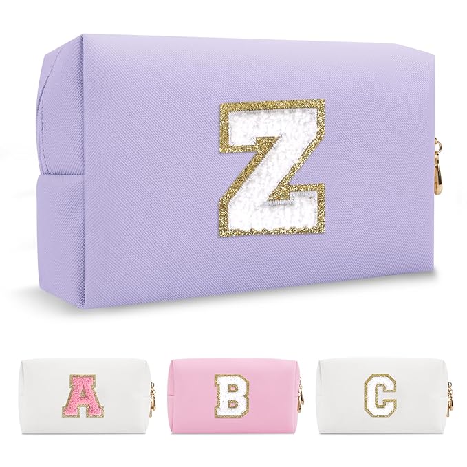 Personalized Makeup Bag Initial A-Z Preppy Patch Bag,Small PU Leather Travel Cosmetic Bag Pouch with Zipper,Purple Cute Toiletry Bag,Gift Ideal for Teen Girls Women Birthday Friend Mom,Latter Z
