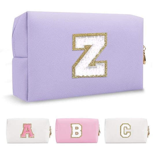 Personalized Makeup Bag Initial A-Z Preppy Patch Bag,Small PU Leather Travel Cosmetic Bag Pouch with Zipper,Purple Cute Toiletry Bag,Gift Ideal for Teen Girls Women Birthday Friend Mom,Latter Z