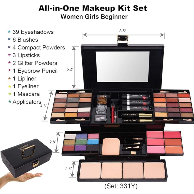 M 58 Color Professional Makeup Kit, makeup pallet,All In One Makeup Set for Women Girls Beginner,Include Eyeshadow Facial Blusher Eyebrow Powder Face Concealer Powder Eyeliner Pencil and a Mirror(331Y)