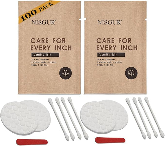 Cotton Pad Cotton Swab and Nail File Kit Kraft Paper Individually Wrapped 100 PCS Hotel Vanity Kit Hotel Supplies and Toiletries Bulk