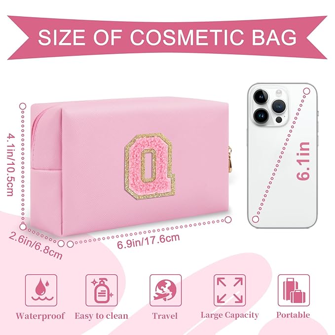 Personalized Initial A-Z Preppy Patch Makeup Bag,Small PU Leather Chenille Letter Cosmetic Bag with Zipper for Teen Girls,Pink Cute Travel Toiletry Bag,Birthday Monogrammed Gift for Daughter,Letter Q