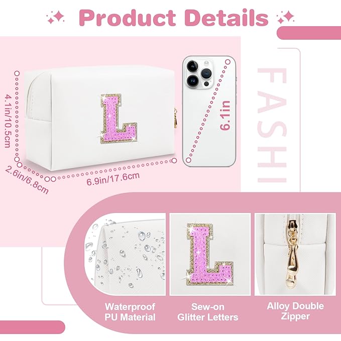 Small Initial Patch Makeup Bag Personalized Gifts Make Up Bag,White Cute PU Leather Glitter Letter Cosmetic Bag with Zipper,Trendy Portable Travel Toiletry Pouch,Preppy Stuff for Teen Girls Women L