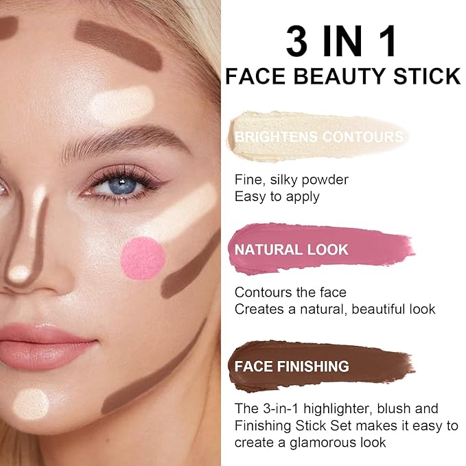 6 Colors Cream Contour Stick Makeup Kit, Shades with Highlighter Stick, Blush Stick and Bronzer Stick for Sculpt the Cheeks, Double-End Bronzer Stick, Waterproof,Dewy & Matte Finish (SET A)