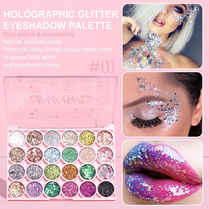 Glitter Eyeshadow Palette, 24 Colors Highly Pressed Pigmented Metallic Shimmer Sparkly Glitter Eyeshadow Makeup Pallet Palettes,Pink Blue Green Red Gold Purple Long Lasting Waterproof (24pcsA)