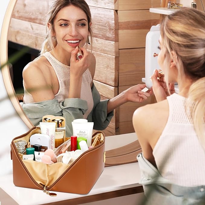 Birthday Gifts for Women Teen Girl, Personalized Initial Makeup Organizer Bag Set, Open Flat Travel Cosmetic Bag With Clear Divider and Handle(Brown,V)