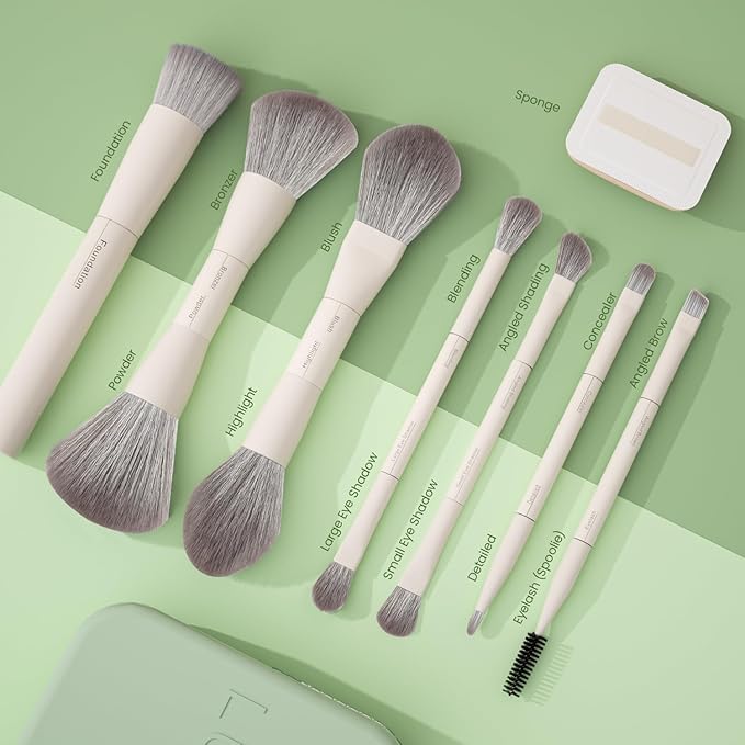 LULUCOLORS-Dual-Ended Makeup Brush Set with Sponge & Travel Case-13 Kinds of Multi-Functional Brushes for Face & Eyes – Soft Bristles, Easy Travel Brush Set (Mint Green)