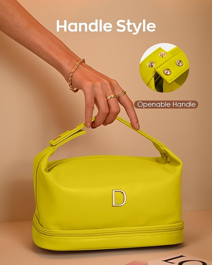 Gifts for Women 40s, Personalized Makeup Bag with Handle, Initial Double Layer Cosmetic Bag with Makeup Brush Organizer, Cute Cosmetic Pouch for Women, Gifts for Friends Female Mom