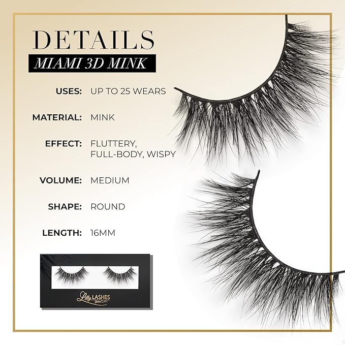 Lilly Lashes Miami 3D Mink Lashes, False Eyelashes Natural Look, Mink Eyelashes for Wispy & Natural Look, Reusable Up to 25 Wears, Fluffy Lashes