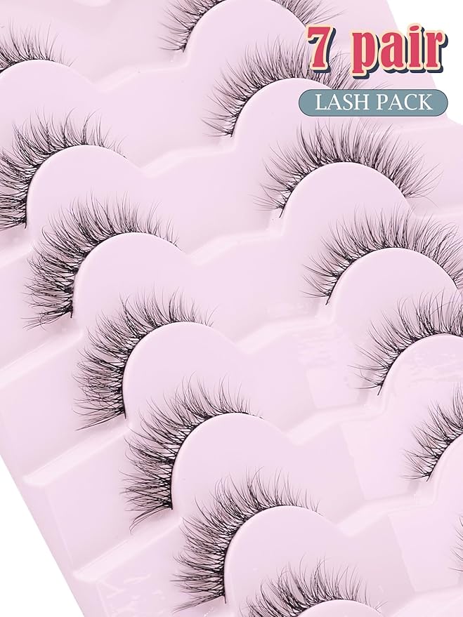Natural Lashes Wispy Cat Eye Lashes 12mm False Eyelashes Natural Look Strip Lashes Thin Cotton Band Soft Eyelashes 3D Volume Lashes Pack C Curl Siligli Eyelashes 7 Pair