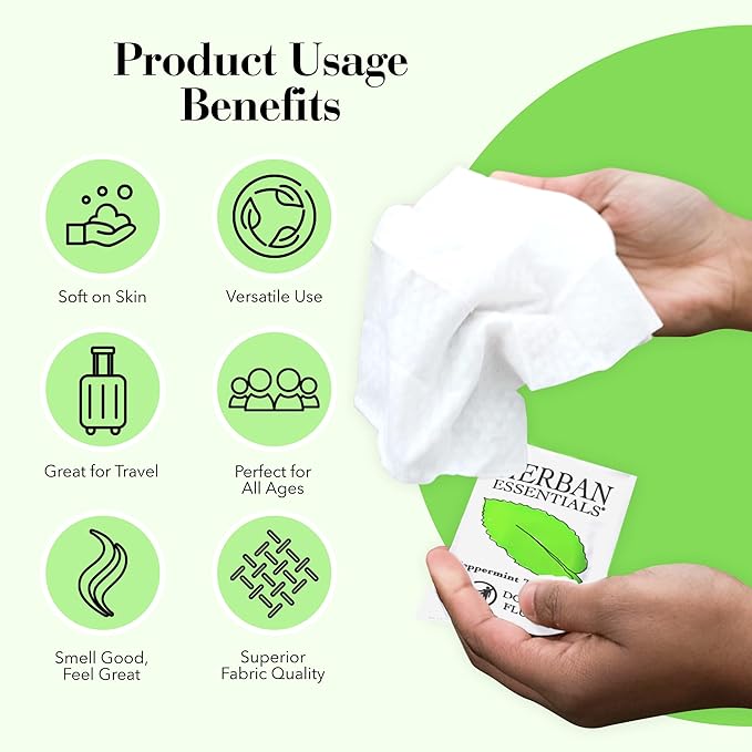 Herban Essentials - Peppermint Wipes & Towelettes - Essential Oil Wipes for Hands & Body - Travel Size Essentials and Toiletries - Natural, Individually Wrapped, Disposable & Moist Refresh (7 count)