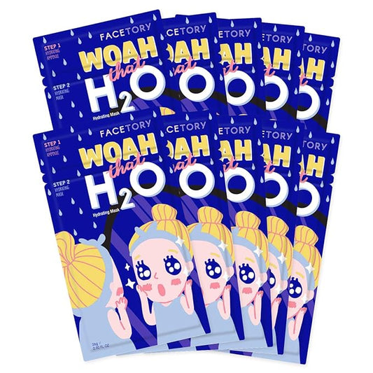FACETORY K Beauty Face Mask Skin Care - Woah That H2O 2-Step Sheet Mask with Ceramide & Sodium Hyaluronate + Hydration Ampoule | Hydrating, Moisturizing, Balancing (10 Pack)