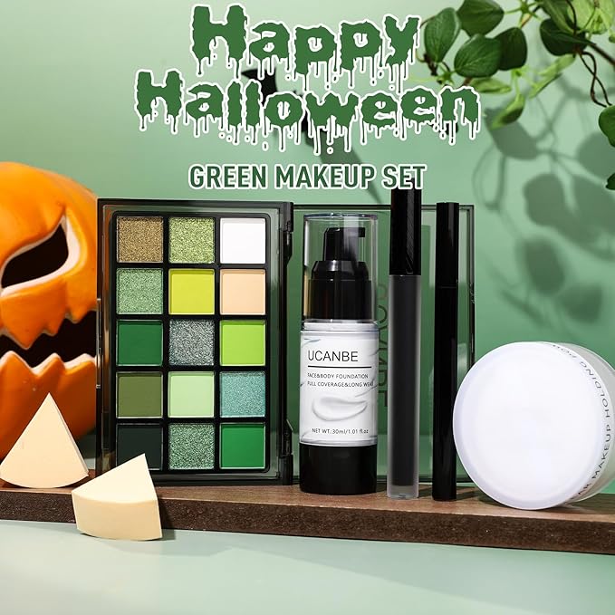 UCANBE Green Halloween Makeup Kit – Zombie Witch Beetle Juice Monster Makeup Set for SFX Costume Cosplay with Eyeshadow Palette, White Foundation, Black Lipstick,Eyeliner, Setting Powder & Sponges