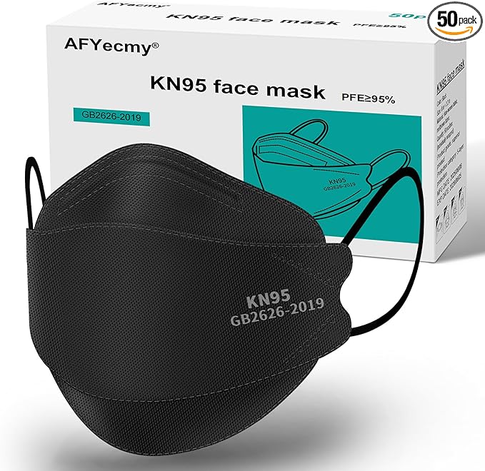 KN95 Face Masks Black 50 Pack for Adults, Breathable Disposable with Elastic Ear Loops