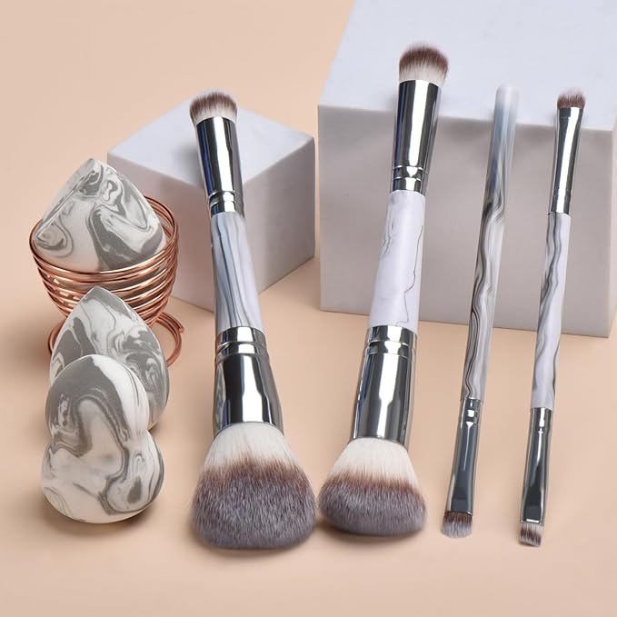 YJ-Anyue4PCS Dual-Ended Makeup Brushes & Blending Sponge Set, Professional Foundation Concealer Eyeshadow Kabuki Brush with, for Liquid Powder Cream, Vegan & Cruelty-Free