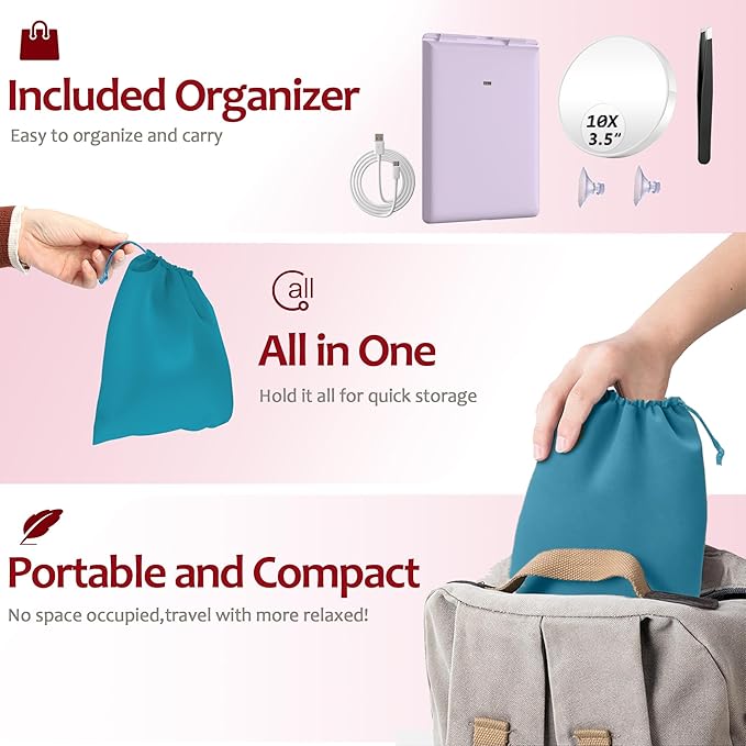 Travel Makeup Mirror with Lights, Rechargeable Portable Folding Compact Mirror with Tweezer, Lighted Makeup Mirror with 72 LED 3 Color Light Modes, Dimmable Touch Screen LED Mirrors-Purple