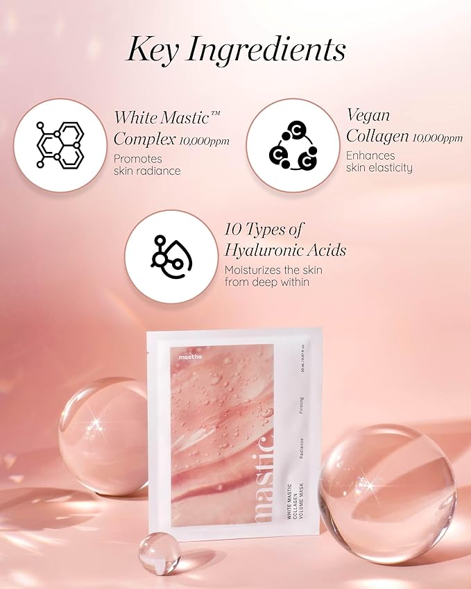 MASTINA White Mastic Face Mask (Collagen Volume, 4 pc) Premium Korean Skin Care for Elasticity & Radiance Rough Sagging Skin White Mastic Hyaluronic Acid