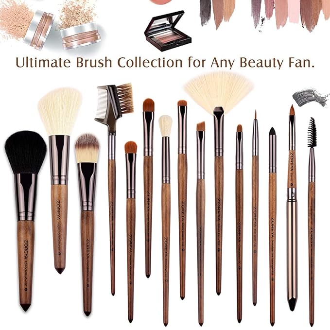 Makeup Brush Set, 15pcs Unique Walnut Makeup Brushes with Vegan Leather Bag, Professional No Shed Tan Makeup Brushes