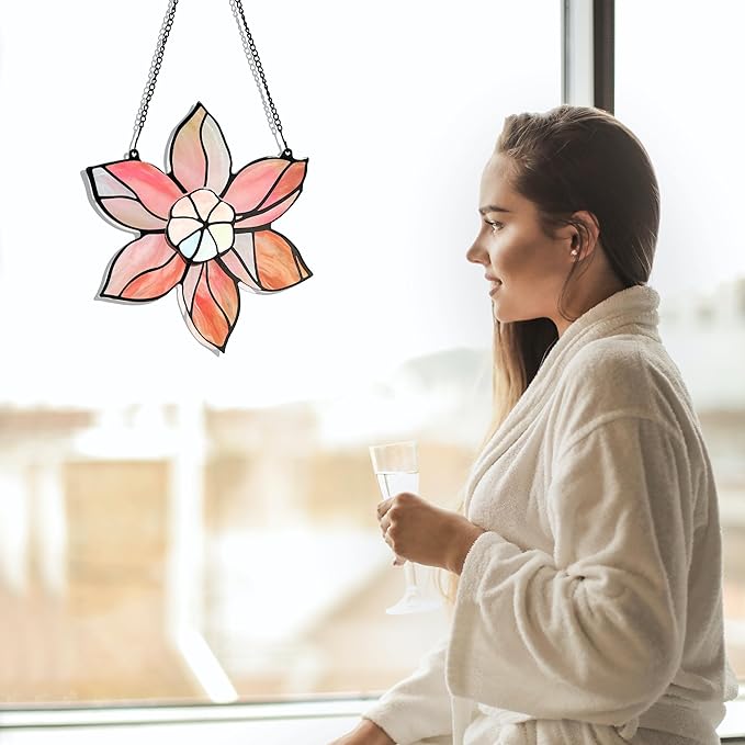Stained Glass Window Hanging - Pink Flowers Suncatchers for Windows Hanging Floral Sun Catcher for Plant Lovers Anniversary Love Gift