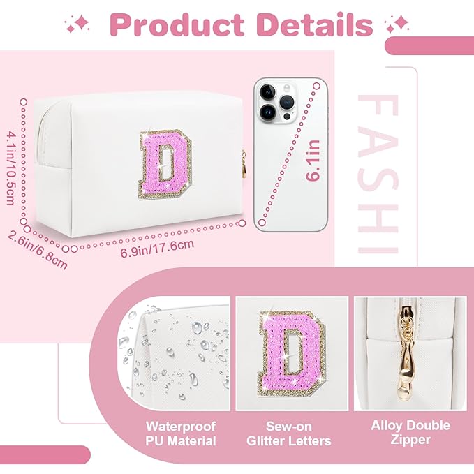 Small Initial Patch Makeup Bag Personalized Gifts Make Up Bag,White Cute PU Leather Glitter Letter Cosmetic Bag with Zipper,Trendy Portable Travel Toiletry Pouch,Preppy Stuff for Teen Girls Women D