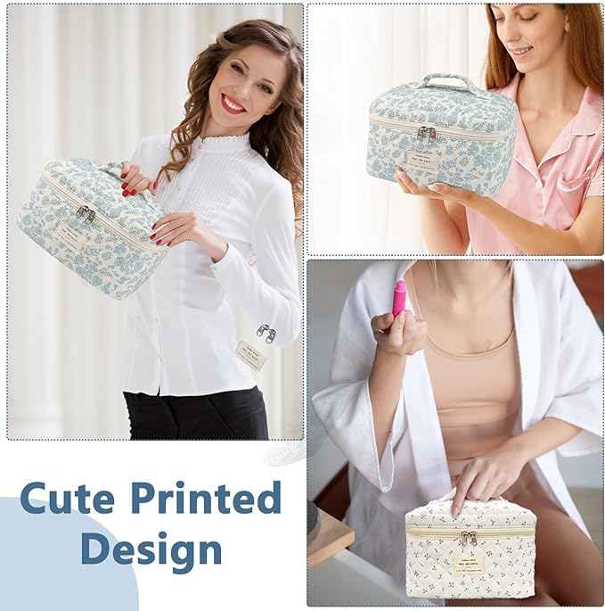 Large Makeup Bag, Cute Cosmetic Bag for Women Girls, Floral Coquette Aesthetic Toiletry Bag, Travel Make Up Organizer Bag (Blue Butterfly)