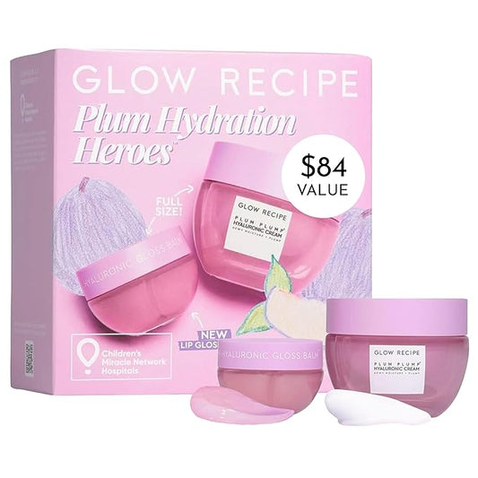 Glow Recipe Plum Hydration Heroes Holiday Kit - Plum Plump Hyaluronic Acid Cream (50ml) & Ultra Moisturizing Gloss Balm (15ml) - Hydrate, Plump, and Balance Dry Skin & Parched Lips - Vegan Set (2-Pc)