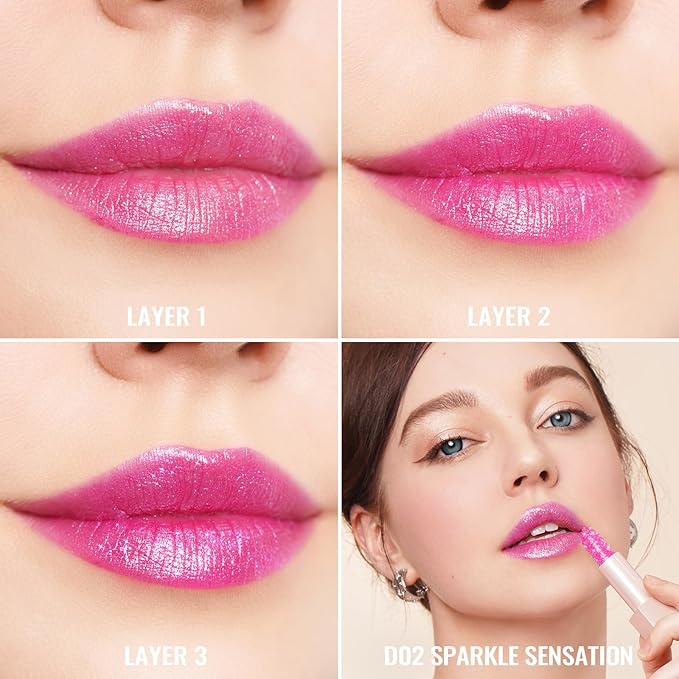Oulac Pink Shimmer Lipstick for Women, Infinity High Shine Finish, Hydrating Lip Color Infused with Damask Rose Oil for All-Day Comfort, Gluten-Free Vegan Beauty, D02 Sparkle Sensation