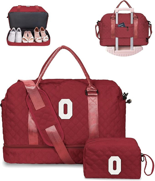 Personalized Gifts-Teen Duffle Bag with Shoe Compartment, Personalized Weekender Bag, Monogram Overnight Bag, Letter Travel Bag with Makeup Bag，Birthday Gift For Grandma (Letter O)