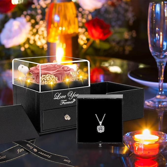 Preserved Card Pink Real Rose with Heart I Love You Necklace -Eternal Flowers Rose Birthday Gifts for Women Her Mom Wife Girlfriend Grandma on Valentines Mothers Day Christmas Anniversary-Card Pink