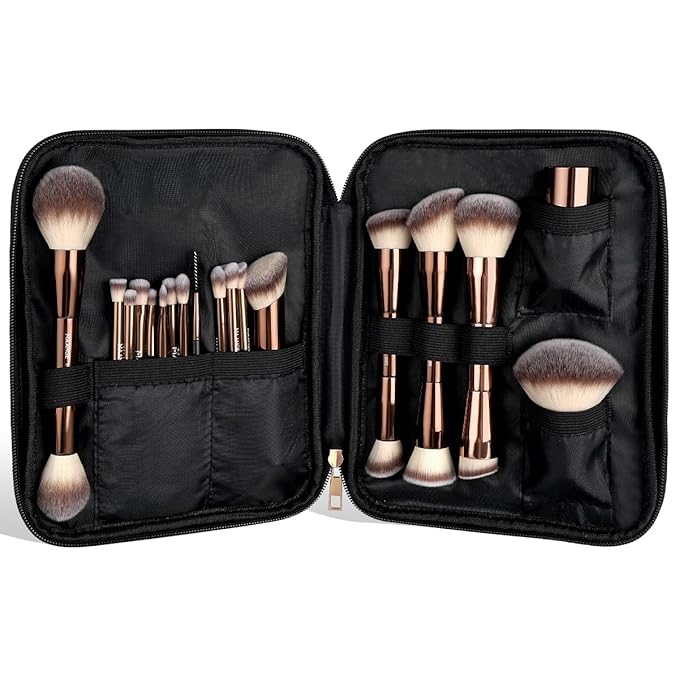 MAANGE 20 PCS Makeup Brush Set with Bag, Double-ended Kabuki Brush Foundation Contour Brush for Liquid Powder Concealer Eye Shadows Cream Cosmetics Blending Blush Face Makeup Tools with Case (Coffee)
