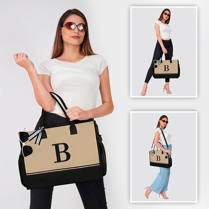 TOPDesign Personalized Initial Canvas Tote Bag, for Wedding, Birthday, Beach, Perfect Gifts for Women, Mom, Teachers, Friends