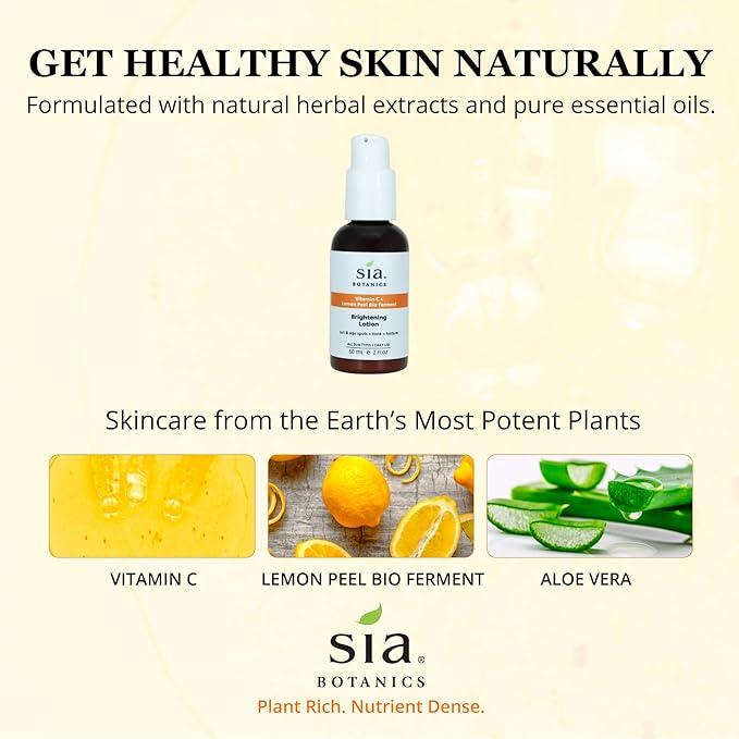 Sia Botanics Brightening Face Lotion (59ml/2oz Pump Bottle) | Facial Moisturizer w/Vitamin C, Lemon Peel Bio Ferment, Aloe Vera | Natural, Clean, Botanical Skincare for Women