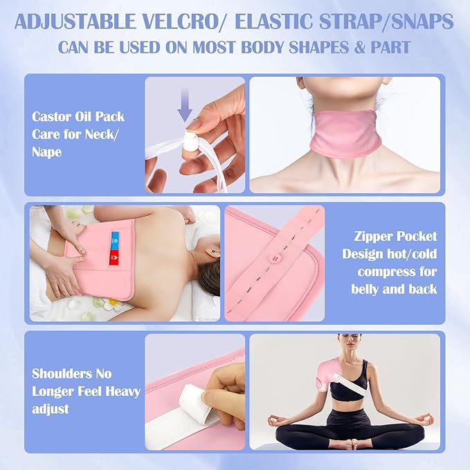 Castor Oil Pack Wrap, 9 Pcs Organic Castor Oil Packs Kit for Entire Body Neck Shoulder Waist Back Hand Knee Leg and Feet, Reusable Pads Kit for Hot/Cold Castor Oil Compress for Woman/Man【Pink】
