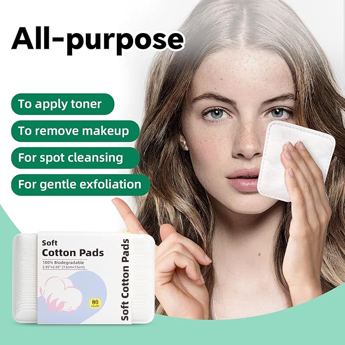 Large Square Cotton Pads, 80 Count, Lint-Free, Soft, Rounded Corners, Multi-Layer, for Makeup Removal, Toner, Facial Cleansing, Boxed