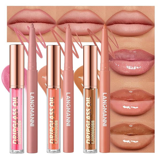 6pcs Hydrating Lip Oils + Lip Liner Pencil Lip Combo Sets, 24H Long-Lasting Lip Kit with Lip Liner and Gloss, Nourishing, Non-Sticky Tinted Stain Lip Gloss Plumping Lip Oil Set for Women(Set A)