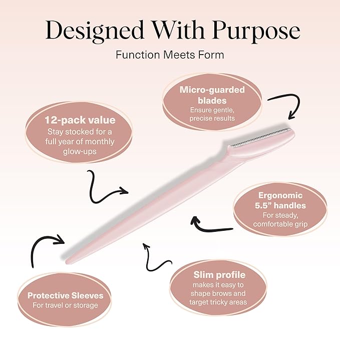 Kitsch Dermaplane Razor for Women Face – Face Razors for Women & Men, Eyebrow Trimmer & Face Shaver – Exfoliating Facial Razor & Skin Care Tool for Smoother Skin - Blush, 12 pcs