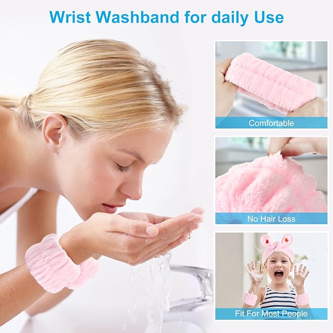 4Pack Headband and Wristband Set for Washing Face, Spa Skincare Makeup Headband, Soft Puffy Hair Band Bow Tie, for Women and Teen Girl Trendy Stuff Gifts